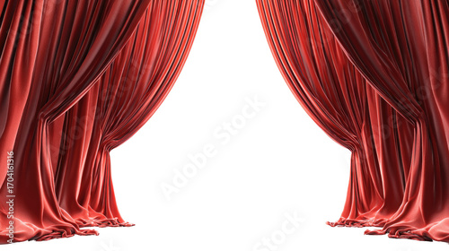 Deep crimson velvet curtains open wide, revealing a black void