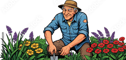 Elderly man gardening in flower bed with colorful plants, wearing hat and denim shirt, outdoor hobby lifestyle vector illustration design
