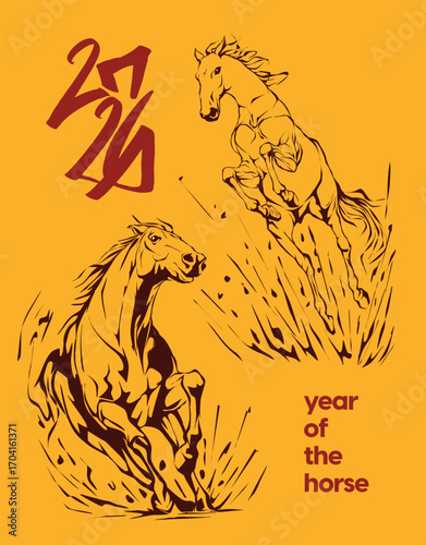2026 Year of the Horse illustration in traditional Asian style, perfect for Lunar New Year designs, decorations, prints, and festive zodiac themes.