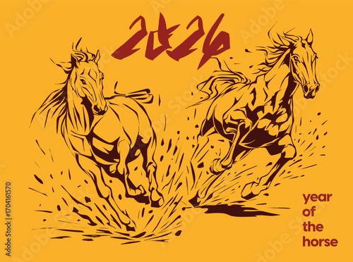 2026 Year of the Horse illustration in traditional Asian style, perfect for Lunar New Year designs, decorations, prints, and festive zodiac themes.