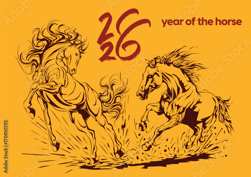 2026 Year of the Horse illustration in traditional Asian style, perfect for Lunar New Year designs, decorations, prints, and festive zodiac themes.