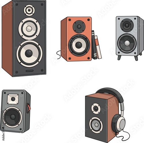 Vector art of collection of five cartoon speakers with different designs on a transparent background
