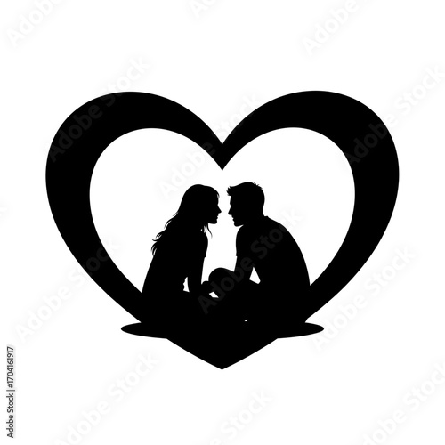 Romantic Silhouette of a Couple in Love, Heart-Shaped Background, Lifestyle Illustration, Intimate Setting, Artistic Perspective