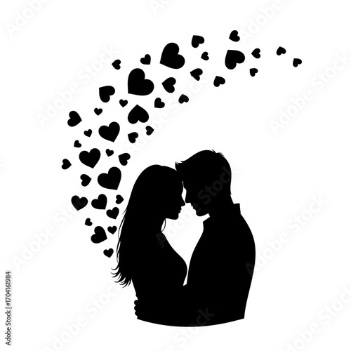 Romantic Moment, Couple in Love, Heart Motif, Digital Illustration, Intimate Setting, Silhouette View, Love Concept