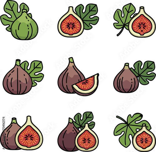 Vector art of collection of fig icons, including whole and sliced figs on a transparent background