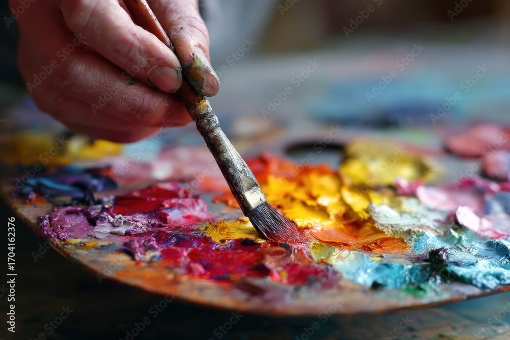 Fototapeta premium Artists hand holding a brush, blending vibrant paints on a palette, creating a rich and textured artistic expression