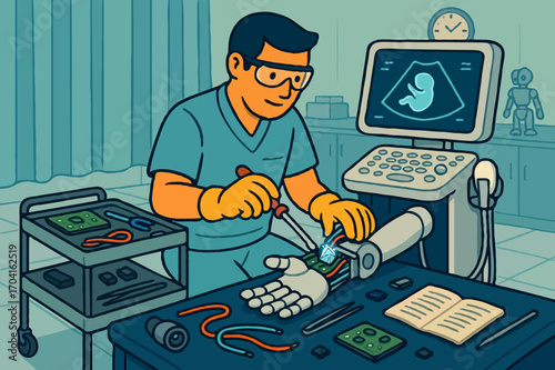 Medical scientist in a lab creating a bionic prosthetic hand for a patient, a futuristic medical illustration.