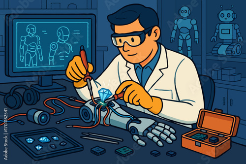 Robotics engineer or scientist building an advanced humanoid robot arm in a modern research lab.