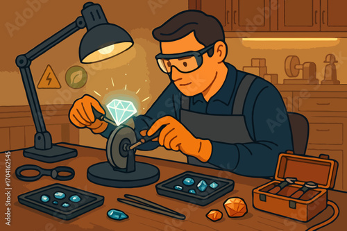 Jeweler or gemologist cutting and polishing a brilliant diamond, a skilled craftsmanship vector illustration.
