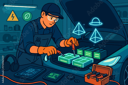 Futuristic car mechanic working on an electric vehicle's battery in a modern repair shop.

