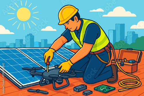 Solar panel technician on a rooftop repairing a drone for inspection, a renewable energy vector illustration.