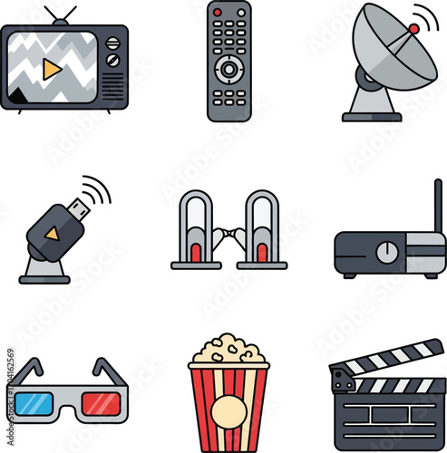 Illustration of television, remote, antenna, router, popcorn, and glasses on a transparent background