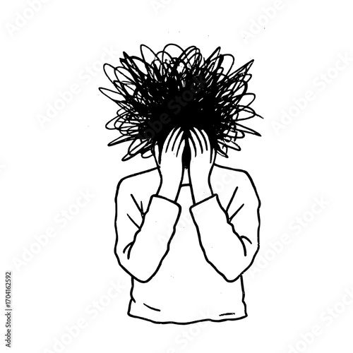 Overwhelmed person hiding face in hands with chaotic thoughts swirling above their head
