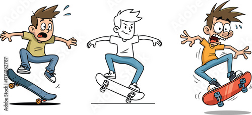 Funny cartoon characters skateboarding performing tricks and stunts with expressive faces, vector illustration showing skateboarding action, balance, movement, and energy.