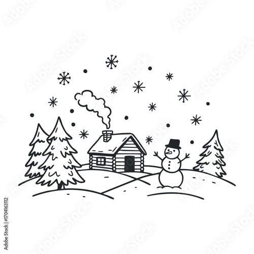 Winter wonderland snowman and cabin scene in a forest setting hand-drawn illustration. Vector illustration