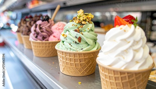 A delicious assortment of colorful artisanal gelato and ice cream scoops in crispy waffle cones, displayed in a row with various fresh toppings