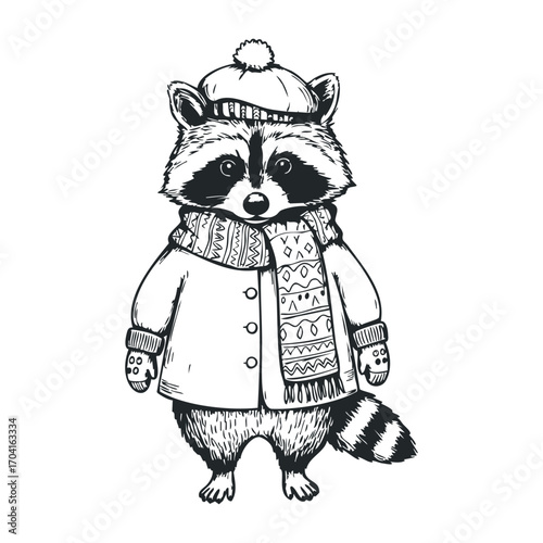 Charming winter raccoon character cozy setting digital illustration whimsical environment front view cute concept for kids. Vector illustration