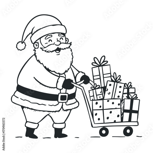 Santa claus delivering holiday gifts christmas festivities shopping animated character cheerful environment playful viewpoint. Vector illustration
