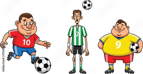 Funny cartoon soccer players in colorful jerseys playing football, overweight and skinny characters illustration, sports humor concept for vector artwork.