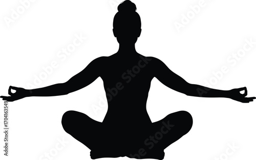 Silhouette of Woman Meditating in Lotus Pose with Hands in Mudra Gesture for Yoga, Meditation, Relaxation, and Mindfulness Concept