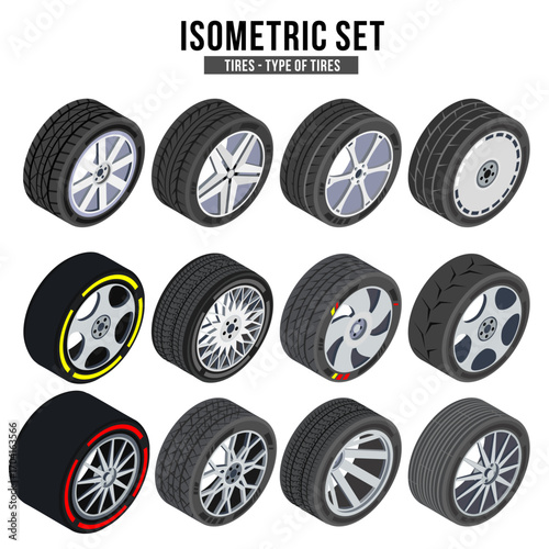 Isometric vector set of track tire designs. Detailed racing wheels and tread styles for automotive, sports cars, and mechanic illustrations. Perfect for speed and performance projects.