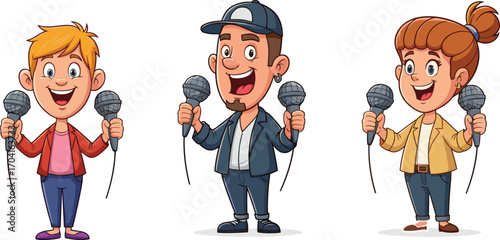 Happy cartoon singers holding microphones, vector illustration of male and female characters performing music show, entertainment concert, comedy stage performance design.