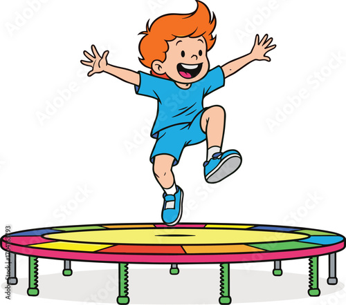 Happy little boy with red hair jumping on colorful trampoline, cartoon illustration for kids fun, play, sport, exercise, and outdoor activity.