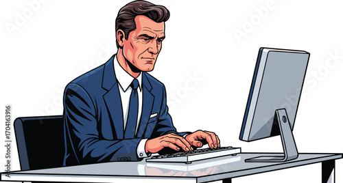 Professional businessman in formal suit working seriously on desktop computer at modern office desk with focus, determination, productivity, concentration, technology.