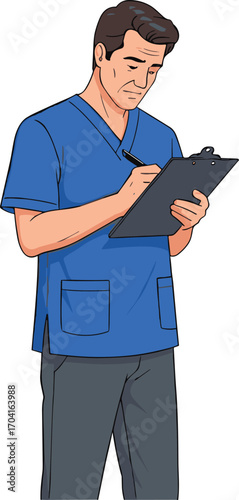 Professional male nurse in blue uniform writing patient information on clipboard, healthcare worker illustration for medical, hospital, and clinical concept design.