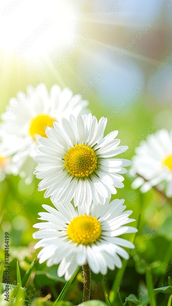 Fototapeta premium Close-up of white daisies in a grassy field, bathed in sunlight
