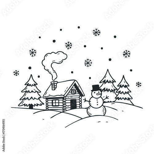 Snowman building event winter wonderland illustration cozy cabin outdoor scene holiday cheer. Vector illustration