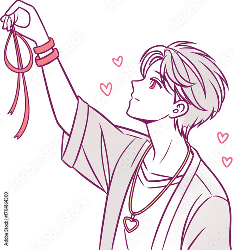 A handsome young man with short layered hair, parted in the middle, wearing a loose casual shirt | 運命の赤い糸２