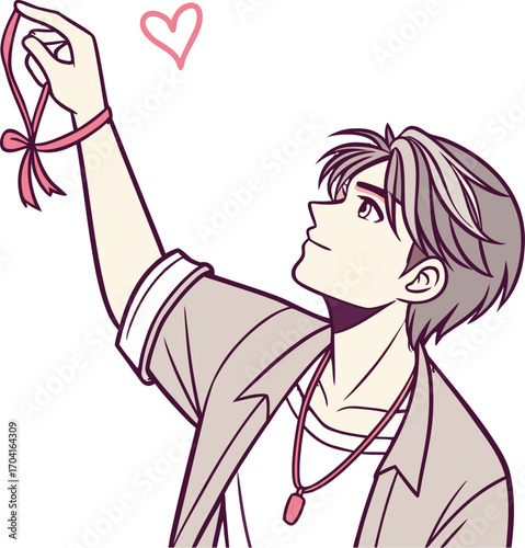 A handsome young man with short layered hair, parted in the middle, wearing a loose casual shirt | 運命の赤い糸２