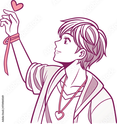 A handsome young man with short layered hair, parted in the middle, wearing a loose casual shirt | 運命の赤い糸２