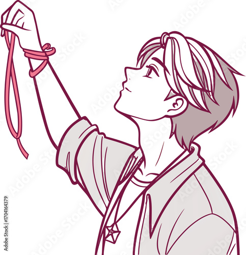 A handsome young man with short layered hair, parted in the middle, wearing a loose casual shirt | 運命の赤い糸２