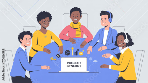 Project synergy team collaboration meeting diverse group brainstorming strategy session teamwork and innovation