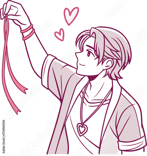 A handsome young man with short layered hair, parted in the middle, wearing a loose casual shirt | 運命の赤い糸２