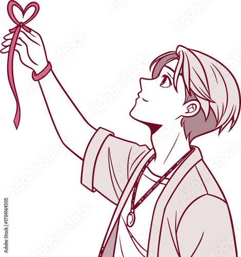 A handsome young man with short layered hair, parted in the middle, wearing a loose casual shirt | 運命の赤い糸２