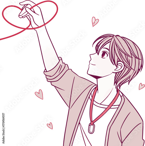 A handsome young man with short layered hair, parted in the middle, wearing a loose casual shirt | 運命の赤い糸２