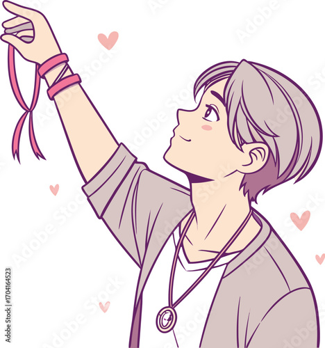 A handsome young man with short layered hair, parted in the middle, wearing a loose casual shirt | 運命の赤い糸２