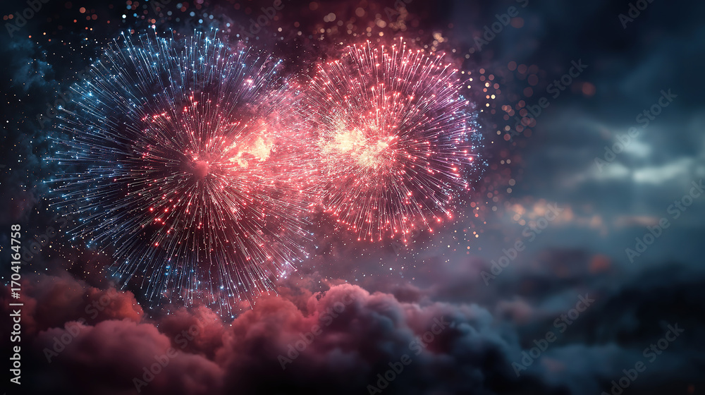Fototapeta premium USA themed scene with red white and blue fireworks celebrating Independence Memorial and Labor Day
