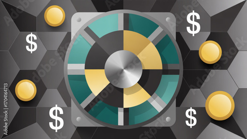 Financial wheel fortune illustration with money coins and dollar signs for business and investment