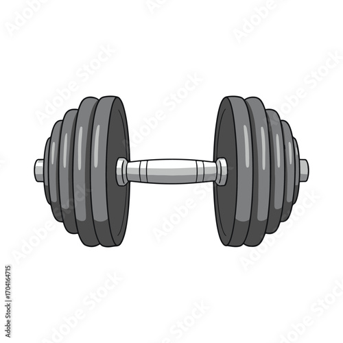 Classic grey and black iron dumbbell for weightlifting and strength training, isolated on a clean white background. vector illustration