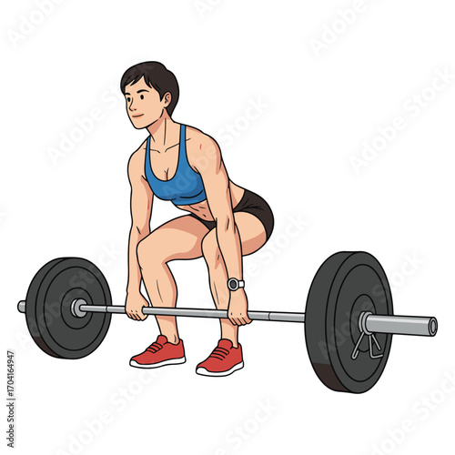 Strong woman performing a heavy deadlift with a barbell, demonstrating proper form and immense power in the gym. vector illustration