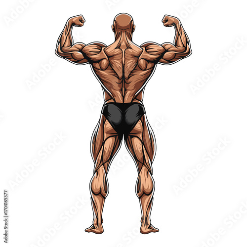 Full body rear view of a massive bodybuilder performing the lat spread pose, showcasing overall muscular development. vector illustration
