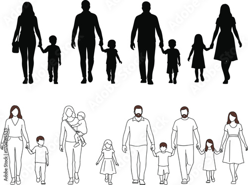 Vector Illustration of Diverse Families Walking Together Holding Hands, Silhouettes and Line Art Showing Parenthood, Unity, Love, and Care