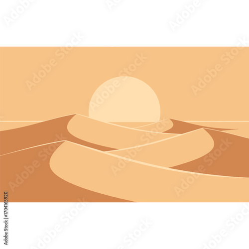A serene and minimalist desert landscape with rolling sand dunes under a warm, setting sun in a flat vector style. vector illustration