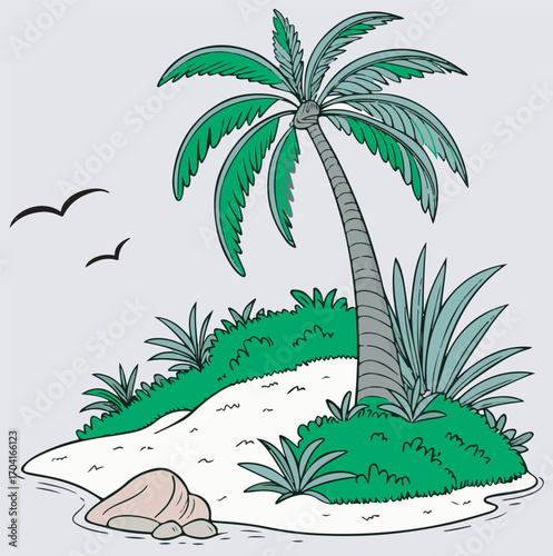 island with palm tree silhouette vector art illustration, tropical island with palm trees