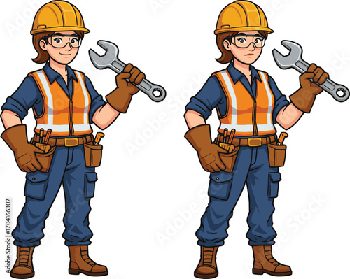 Cartoon construction worker character with wrench, safety gear, tool belt, hard hat, illustration for engineering, labor, and industrial concepts