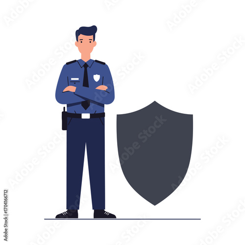 Vector art of a male police officer stands with his arms crossed next to a shield, symbolizing security and protection